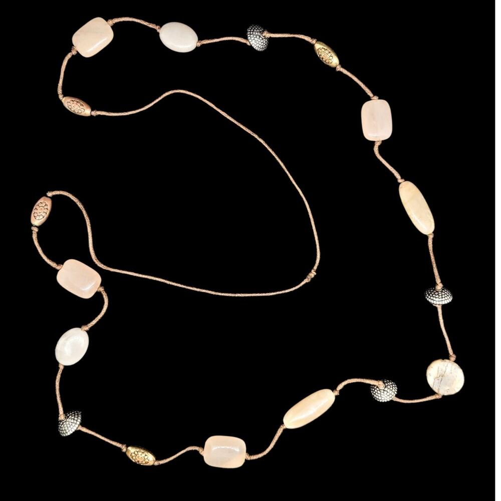 Eileen Fisher Pink Quartz Necklace Long Beaded Boho Grandma Chic hippie